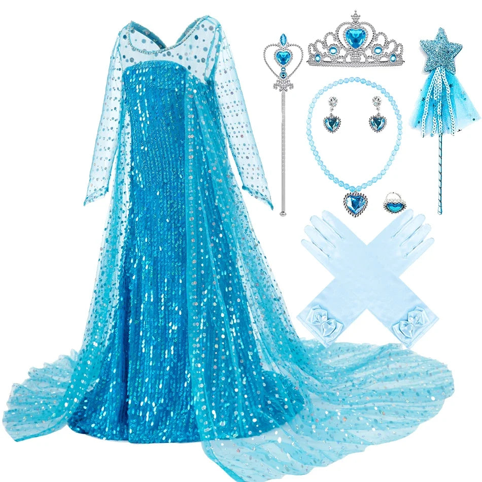 Children Carnival Blue Sequins Elsa Cosplay Dress Girls Elegant Blue Princess Costume Kids Halloween Birthday Party Clothes
