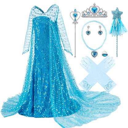 Children Carnival Blue Sequins Elsa Cosplay Dress Girls Elegant Blue Princess Costume Kids Halloween Birthday Party Clothes
