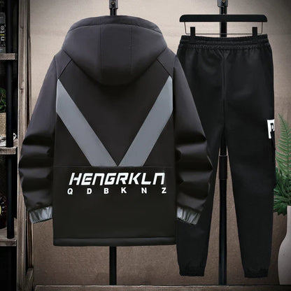 Winter Tracksuit Men Warm Sports Printed Thick Suit Mens Casual Hooded jacket+Pants Sweatsuit Male 2 Piece Sportswear