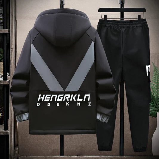 Winter Tracksuit Men Warm Sports Printed Thick Suit Mens Casual Hooded jacket+Pants Sweatsuit Male 2 Piece Sportswear