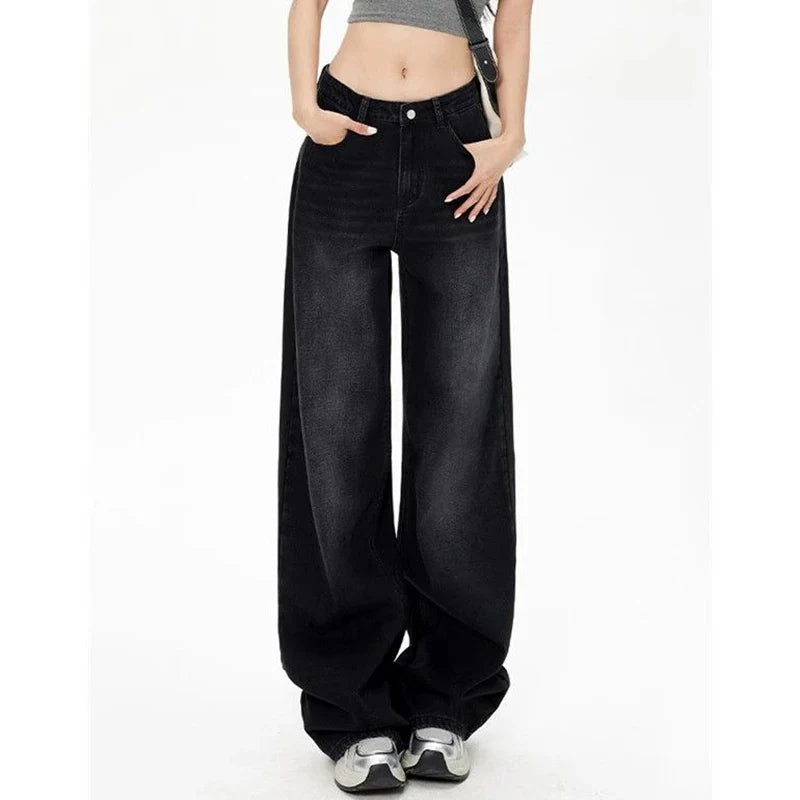 Lady Retro Black Gray High Waist Jeans Pants Women Fashion Straight Leg Denim Trousers Girls Loose Fit Thin Casual Pants