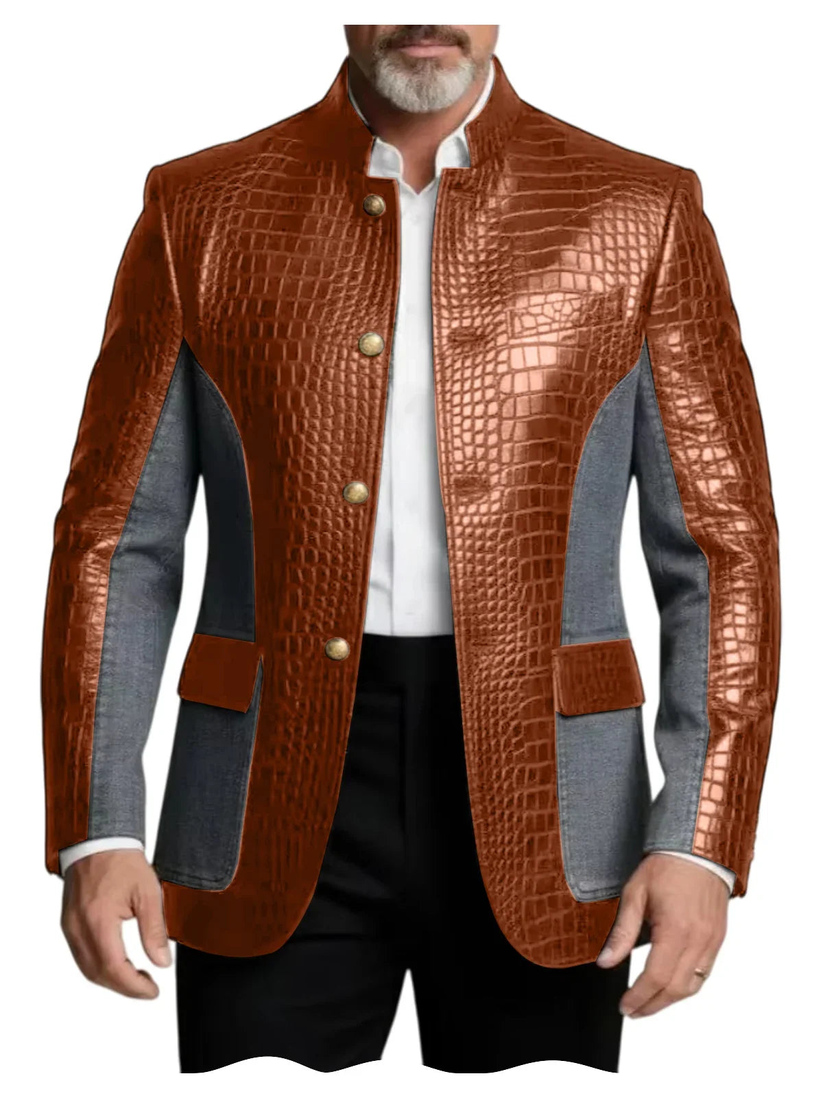 Men's Crocodile Embossed Leather Brown Jacket Patchwork Denim Stand Collar Slim Fit Luxury PU Blazer For Business Casual Party