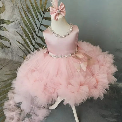 Puffy Girl Dress Pink Baby Dress with Train Flower Girl Dress Bow Cute Kid's Child Birthday Dresses Frist Communion