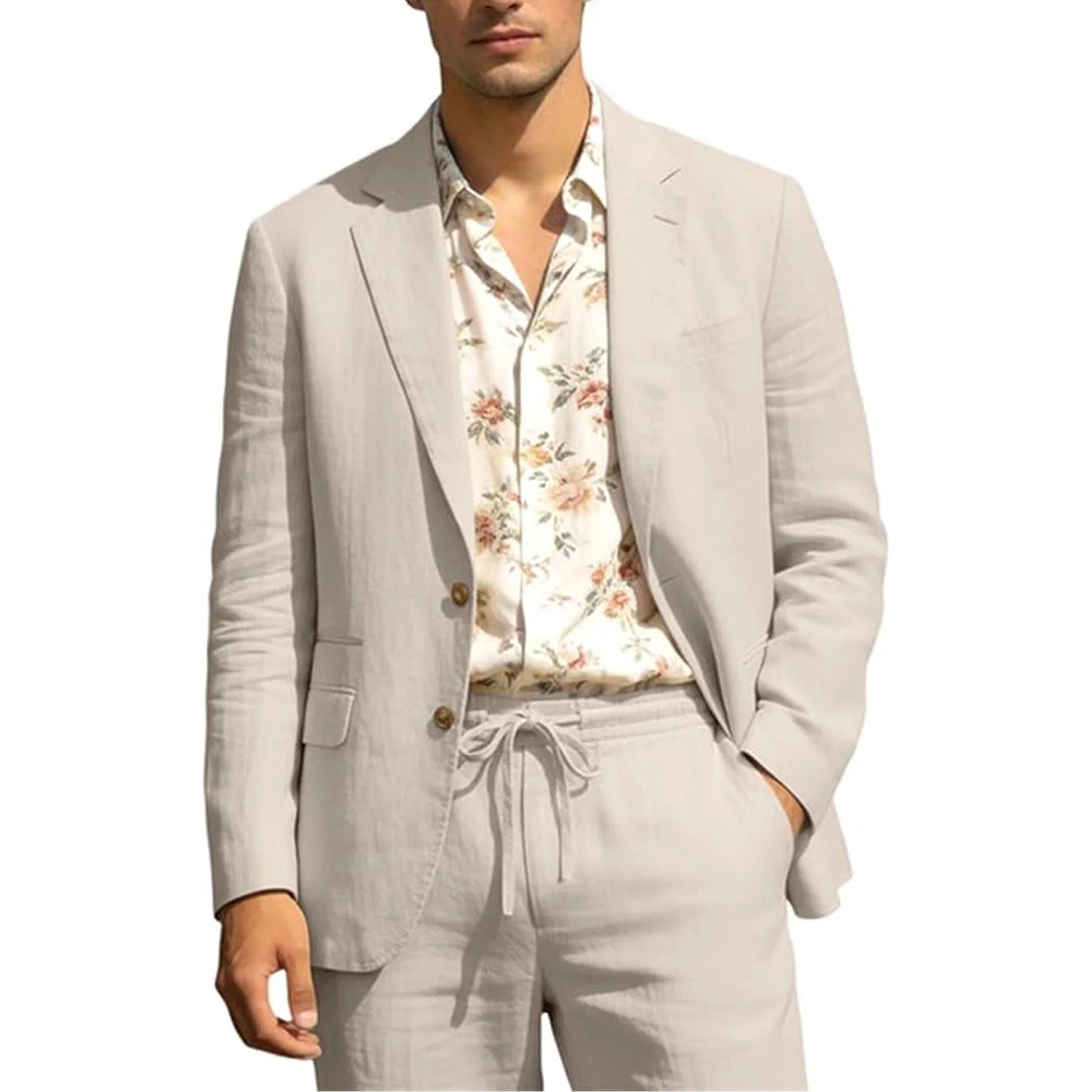 Men's Linen Suit 2 Piece Set Blazer & Drawstring Pants Business Casual Suit Jacket Trousers Summer Beach Wedding Formal Outfit