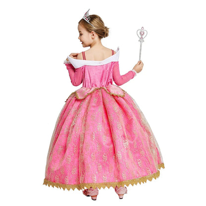 Girls Princess Dress Sleeping Beauty Aurora Cosplay Costume 2025 Kids Carnival Birthday Party Pink  Long Sleeve  Evening Dresses