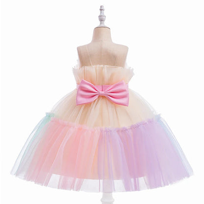 Elegant Ruffles Wedding Party Baby Girls Dress Tulle Pink Bow Bridemaid Princess Birthday Kids Dresses For Girl Evening Costumes