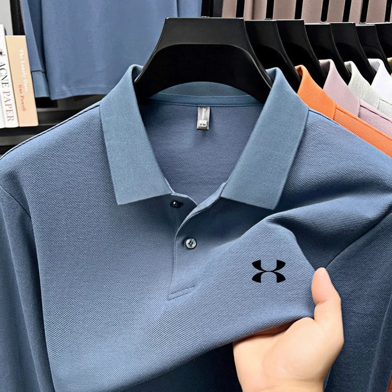 Men's brand polo shirt letter printed long sleeved top spring new 100% cotton casual sports breathable lapel fashionable T-shirt