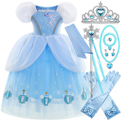 Princess Cinderella Girls Cosplay Cinderella Blue Short Sleeves Costume Kid Halloween Birthday Party Dress + Sleeves Suit