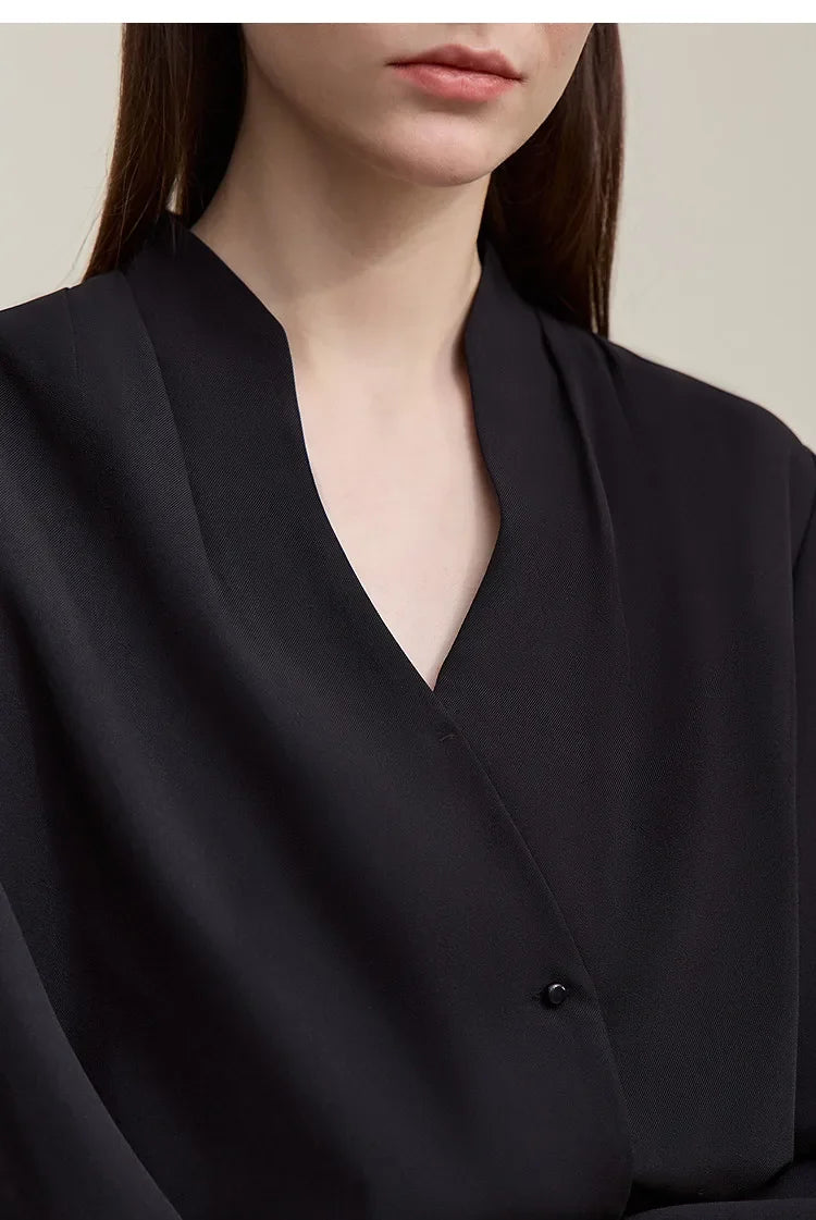 Elegant Women's Blouse 2026 Autumn New V-Neck Pleated Flared Sleeve Chiffon Shirt Women's Loose Long Sleeve Top 12641070