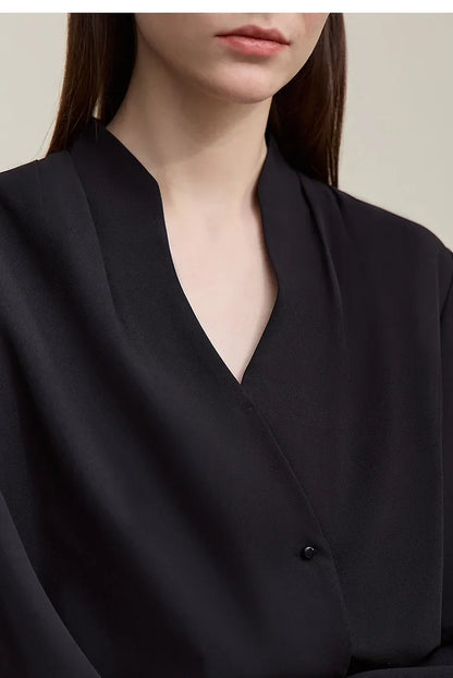 Elegant Women's Blouse 2026 Autumn New V-Neck Pleated Flared Sleeve Chiffon Shirt Women's Loose Long Sleeve Top 12641070