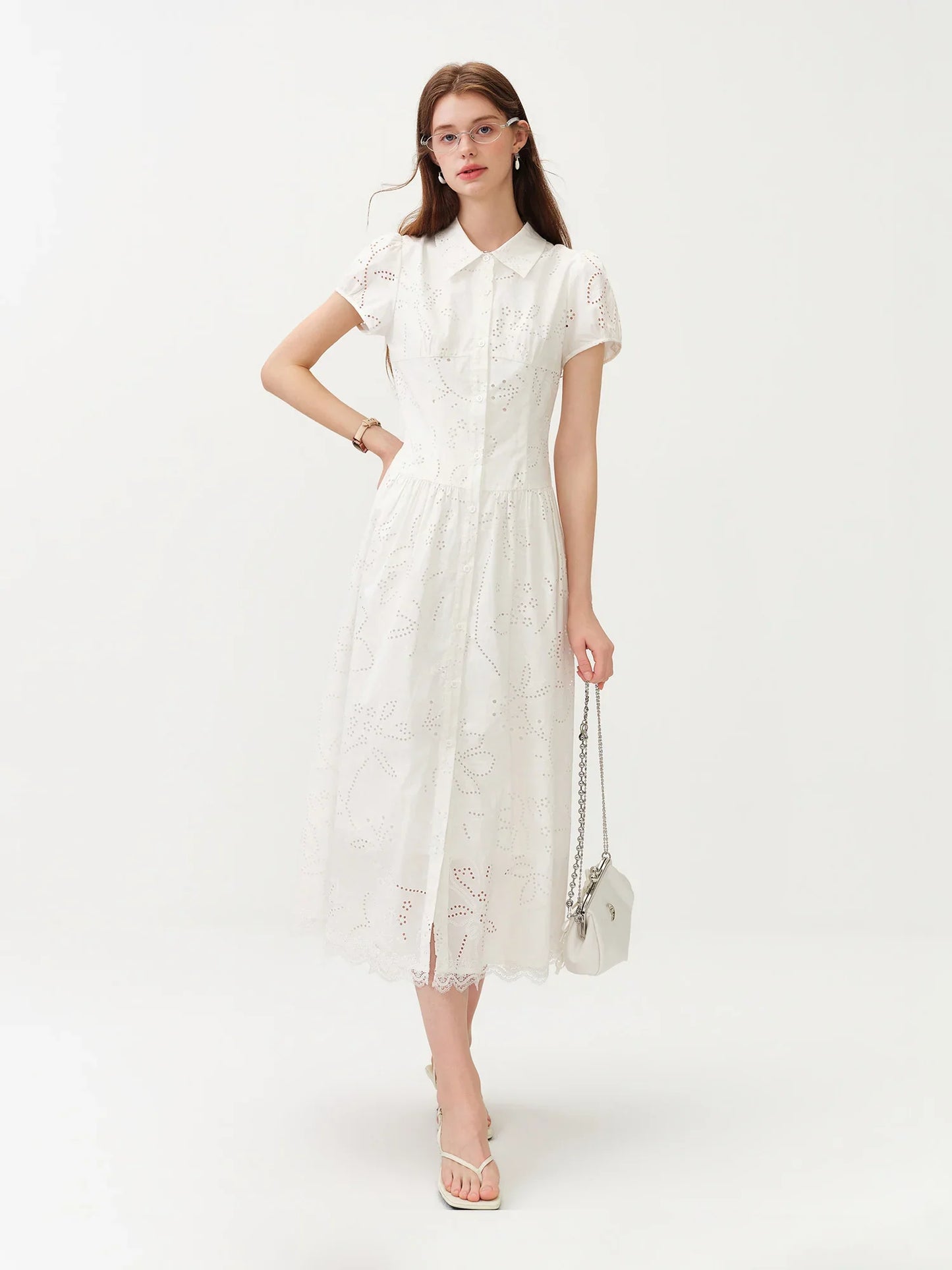 Women's Light French Style Cotton Lapel Hollow-out Print Waist-Fitted Short Sleeve Shirt Dress 2026 Summer New Arrival