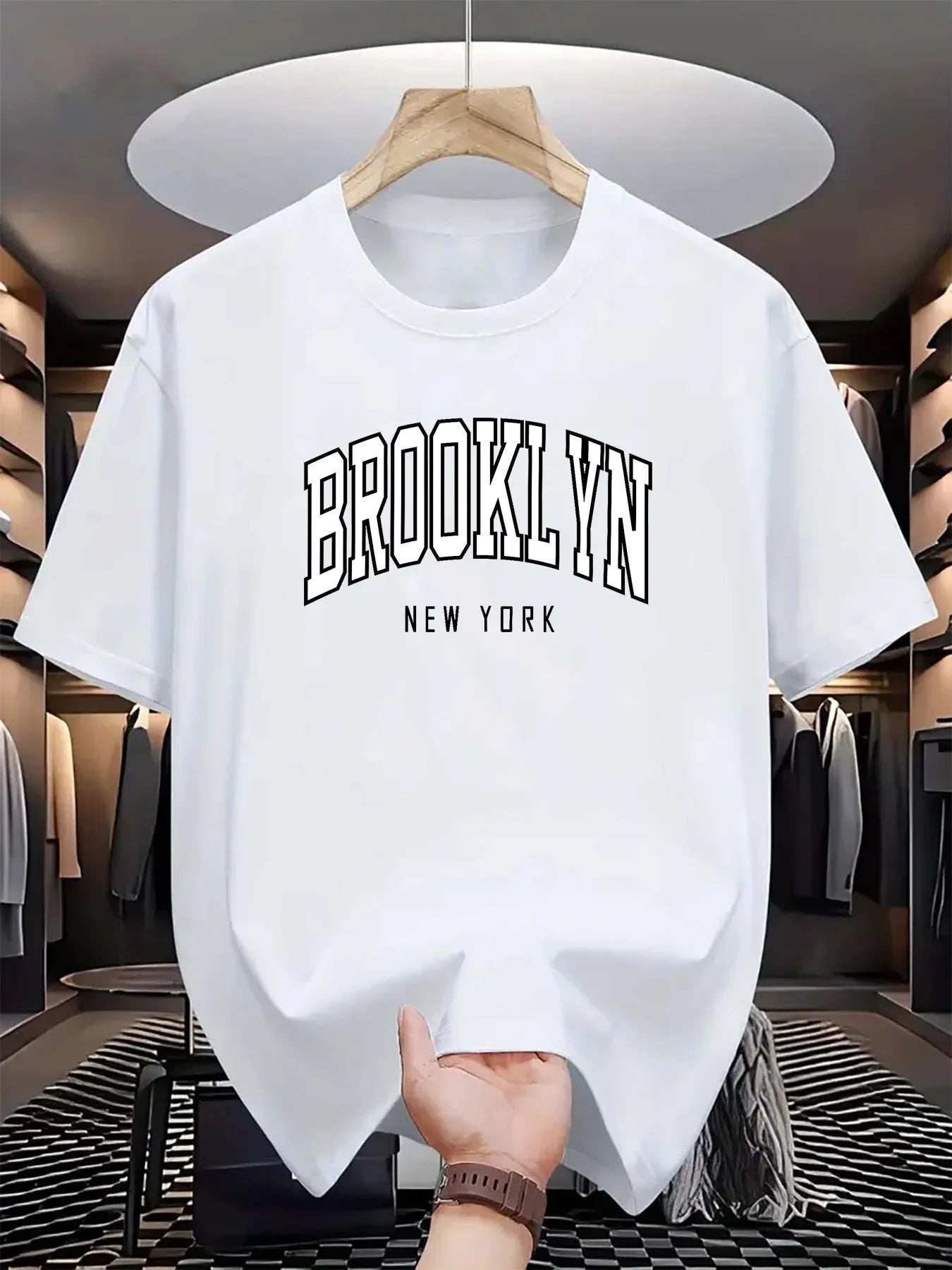 Men's summer 100% cotton fashionable casual loose Brooklyn New York printed sports round neck short sleeved T-shirt top