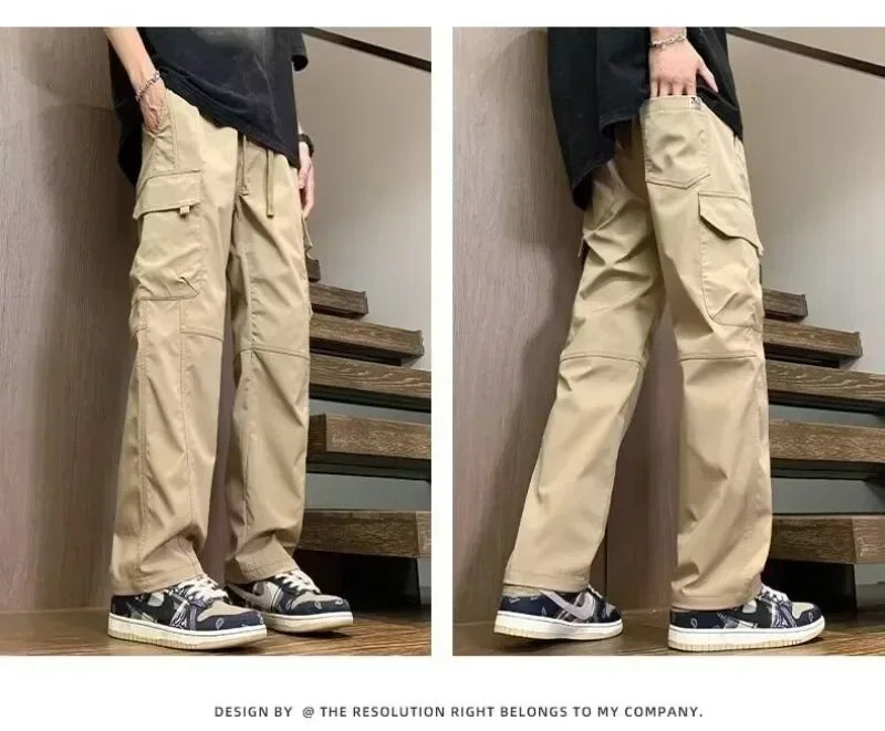 Summer Straight Cargo Pants Mens Multi-Pocket Work Casual Sweatpant Fashiom High Street Outdoor Casual Breathable Loose Trousers