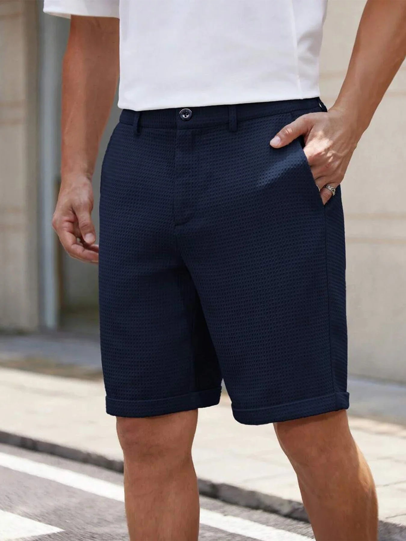 Men's Waffle Texture Slim Fit Shorts Solid Color Button Waist Summer Casual Outdoor Multi-Color Trousers