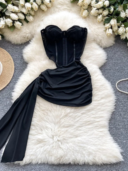 American Sexy Hollowed-out Waist Tube Top Dress for Women's Pleated Waist Hip-wrapped Streamer Girl's Short Dress