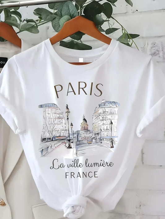 Vintage Elegant O-neck Short Sleeved T-shirt Paris Tower Printed Top High-quality Comfortable And Minimalist Women's Tee Top ﻿