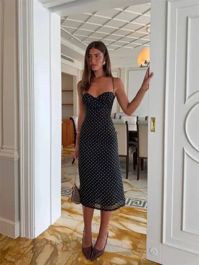Polka Dot Spaghetti Strap Sexy Midi Dress Women Elegant Off-shoulder Backless Sleeveless Bodycon Club Party Dress