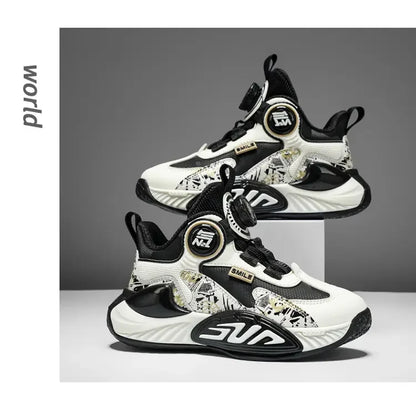 Leather Upper Children Basketball Shoes Rotatory Button Shock Absorbing Boys Shoes