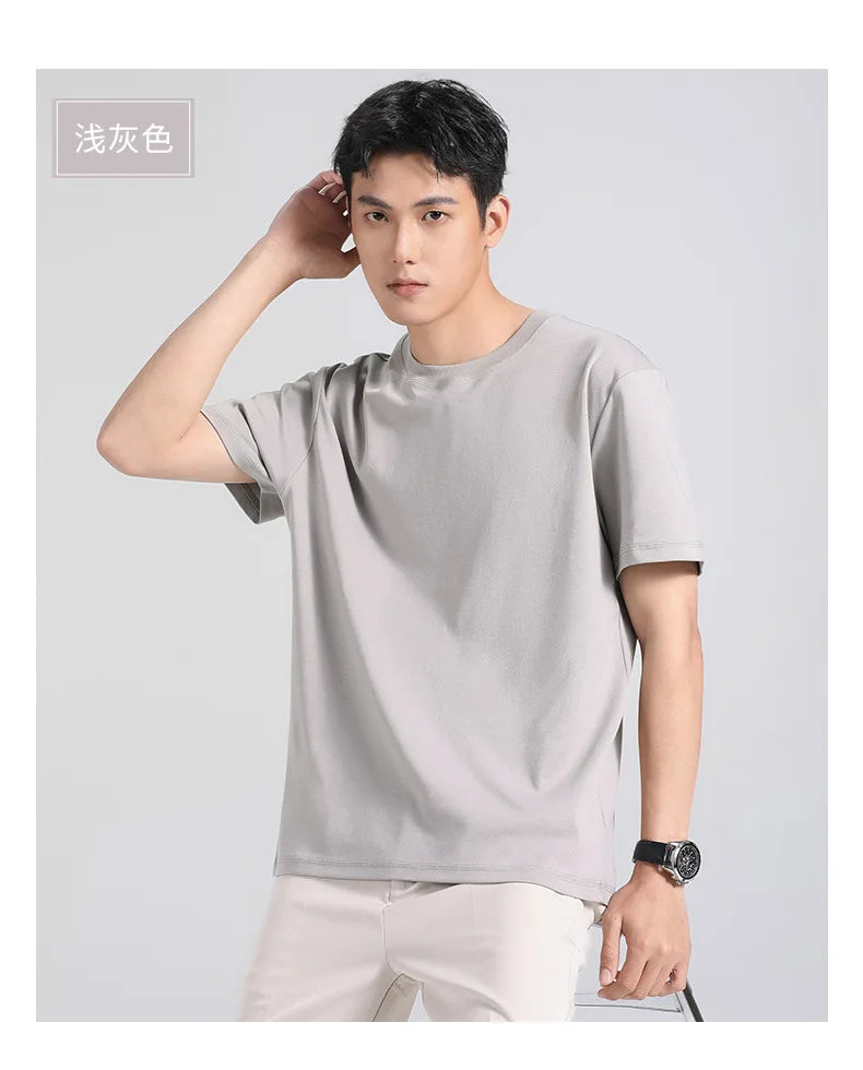Plus Size 4XL 5XL Liquid Ammonia Mercerized Cotton T-shirt For Men Summer Cool Feeling Round Neck Top Clothes Short Sleeve Tees