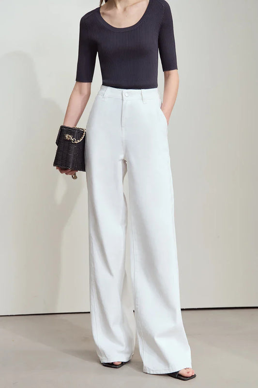 Women's Jeans Minimalist 2025 Summer New Style Solid Color Commuting Black Beige Wide Leg Cotton Denim Long Pants 12552012