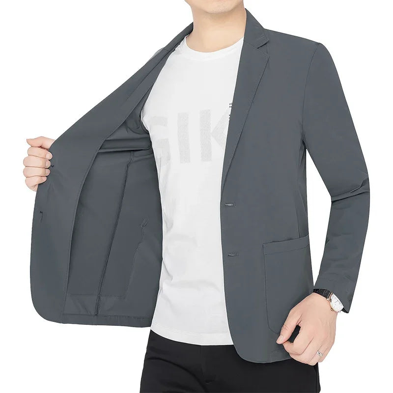 Brand Summer Men Blazers Gray Solid Color Thin Anti Wrinkle Quick Drying Soft Business Suit Blazer Jacket for Man
