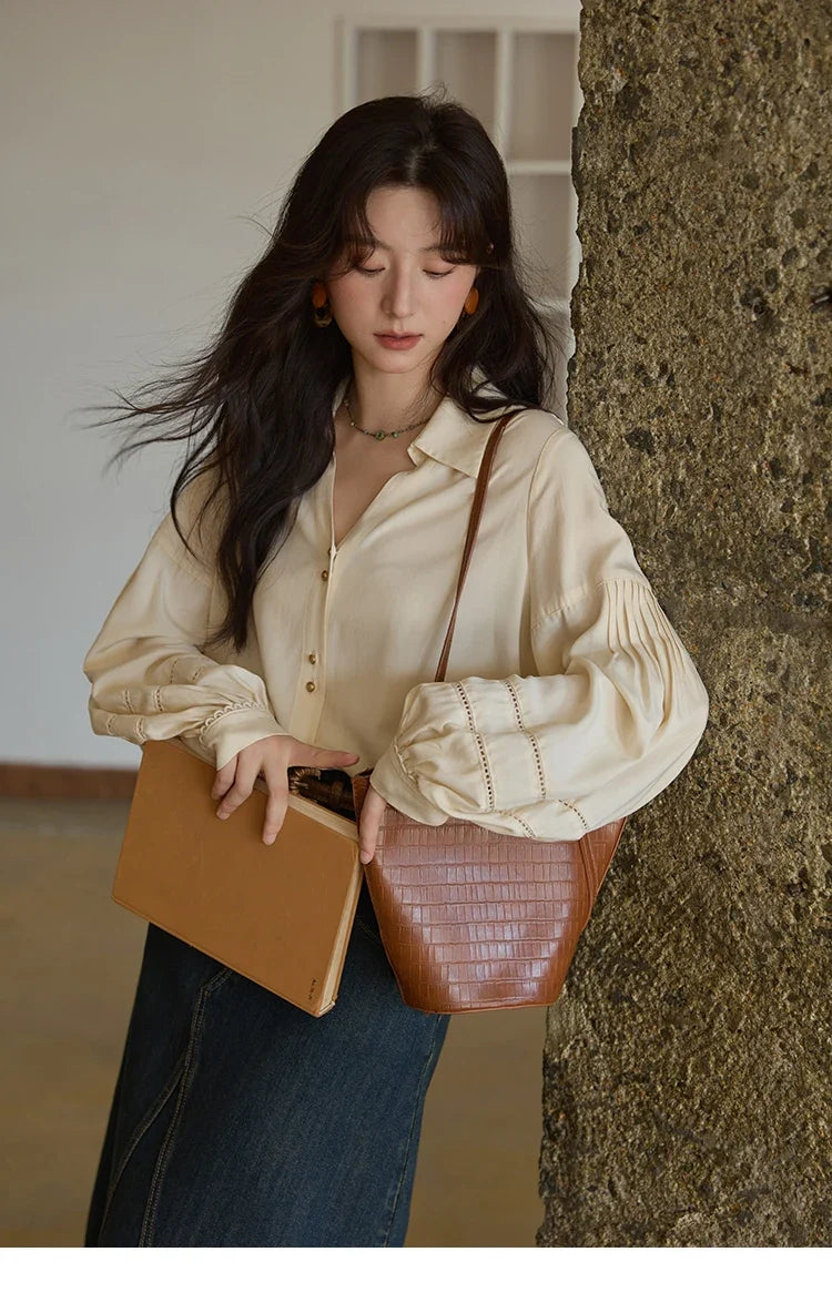 Women's Shirt Lantern Sleeve Hollow Out Tops 2025 Autumn Single Breasted Solid Shirts Lapel Shirt Office Lady MXE41C2359