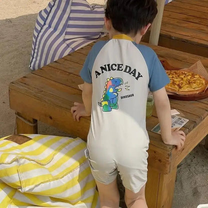 Summer Kids Swimwear Boys Beach Wear Plaid One-piece & Split Long Sleeve Boys Swimwear with Cap Sunscreen Baby Clothes