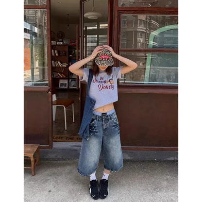 Women's Y2K American Retro Bamboo Denim Capri Pants Summer 2026 Washed Versatile Loose Wide Leg Mid-Length Trendy Trousers