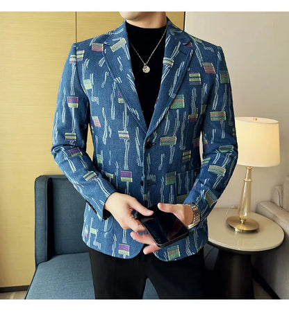 2025 New Luxury Denim Jacquard Suit Coats Men Fashion Slim Fit Suit Casual Business Party Coat Uniform Wedding Social Tailcoat