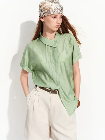 2026 Summer Women‘s Asymmetric Drop Shoulder Blouse, Notched Collar Short Sleeve Shirt for Relaxed Designer Style Top
