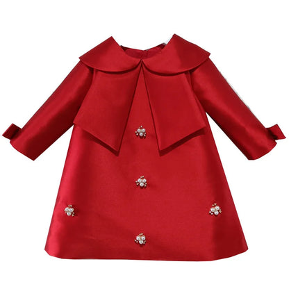 New Girls Western Style Long-Sleeved RedAWord PrincessAExpansion Skirt Handmade Pearl Diamond Dress Skirt