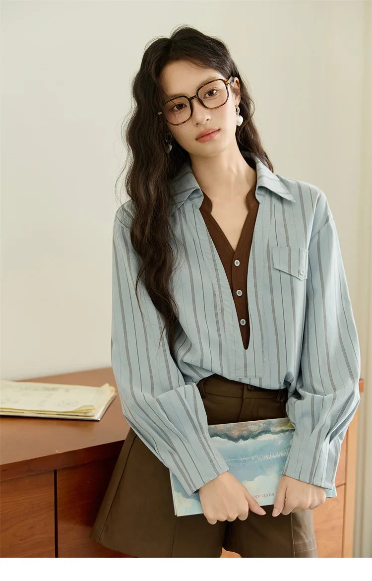 Peach Skin Velvet Stripe Shirt for Women Autumn 2025 Double Layered Collar Contrasting Color Shirt Commute Top MXE47C2408