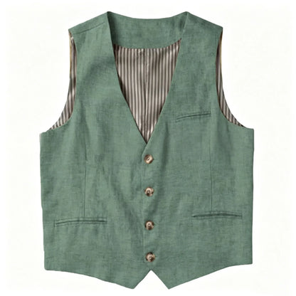 Beige Linen Men's Vest V Neck Summer Waistcoat Single Breasted Light Weigt Men's Suits Vest