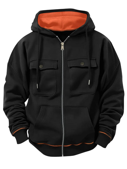 Spring Autumn New Men's Multi Pocket Hoodie with Velvet Casual Zipper Hoodie Fashion Sports Street Top Jacket for Men