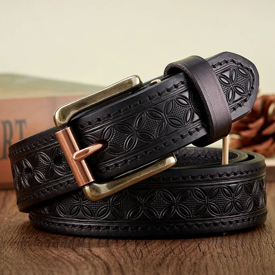 High Quality Embossed Western Cowboy Brass Buckle Belt Real Thick Genuine Leather Designer Men Belt Punk Jeans Belts For Men