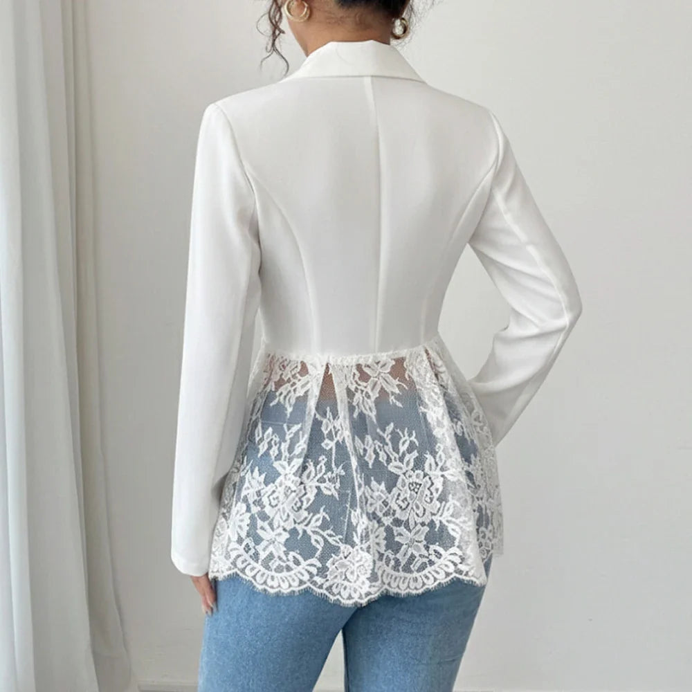 Women Color Block Blazer Lace Waist Slim Fit Office Suit Blazer Coat