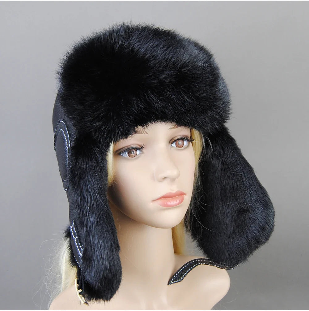 Hot Sale Winter Women's 100% Real Rabbit Fur Bomber Hat Ushanka Cap Trapper Russian Woman Ski Hats Caps Real Sheepskin Leather