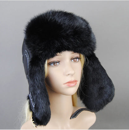 Hot Sale Winter Women's 100% Real Rabbit Fur Bomber Hat Ushanka Cap Trapper Russian Woman Ski Hats Caps Real Sheepskin Leather