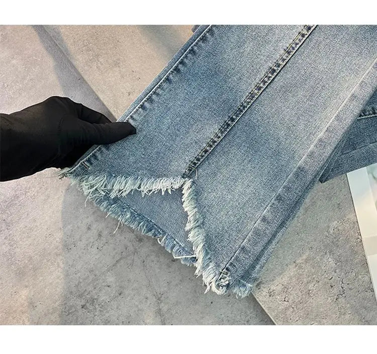 Women Autumn Y2K Slim Flared Denim Trouser Raw Edge Vintage Sexy Minimalist Pant Grunge High Waist Solid High Street Retro Jeans