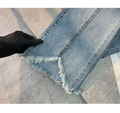 Women Autumn Y2K Slim Flared Denim Trouser Raw Edge Vintage Sexy Minimalist Pant Grunge High Waist Solid High Street Retro Jeans