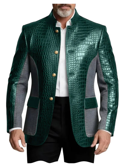 Men's Crocodile Embossed Leather Brown Jacket Patchwork Denim Stand Collar Slim Fit Luxury PU Blazer For Business Casual Party