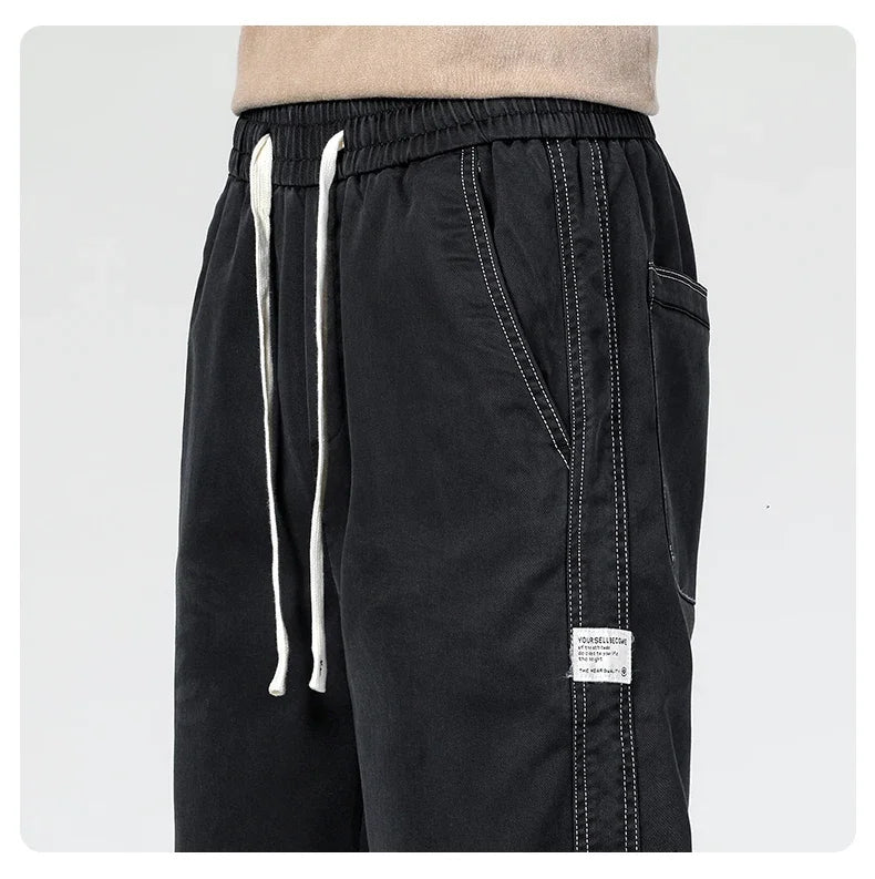 Summer Thin Loose Wide-leg Men Jeans Soft Lyocell Elastic Fashion Casual Straight Drawstring Denim Trousers Black Blue Gray