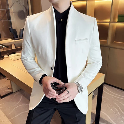 High Quality Cowhide Suede Suit Coats Men Fashion Slim Fit Stand Up Collar Business Casual Jacket Formal Groom Social Tuxedos