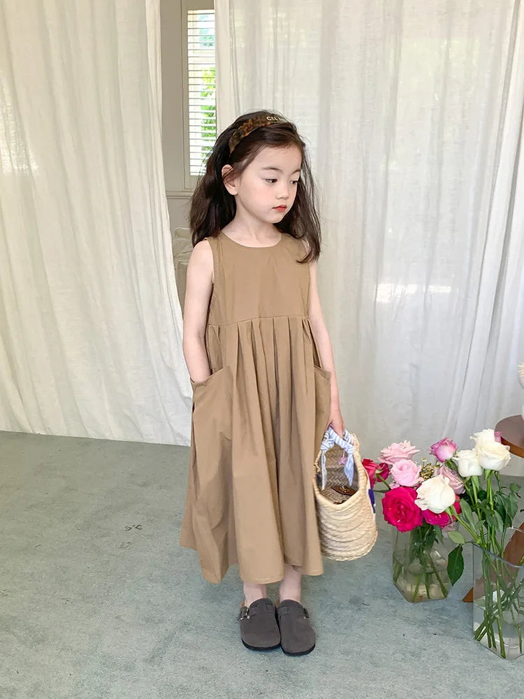 2026 New Summer Children Girls Sleeveless Dress Teen Solid Color Cotton Loose Casual Sundress Kids Vacation Style Princess Dress