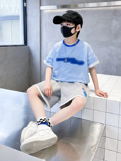 Summer Boys Cotton Alphabet Embossing t-Shirt Tops+Drawstring Short Pants Set School Kids Tracksuit Child Outfit Suit 5-16 Years