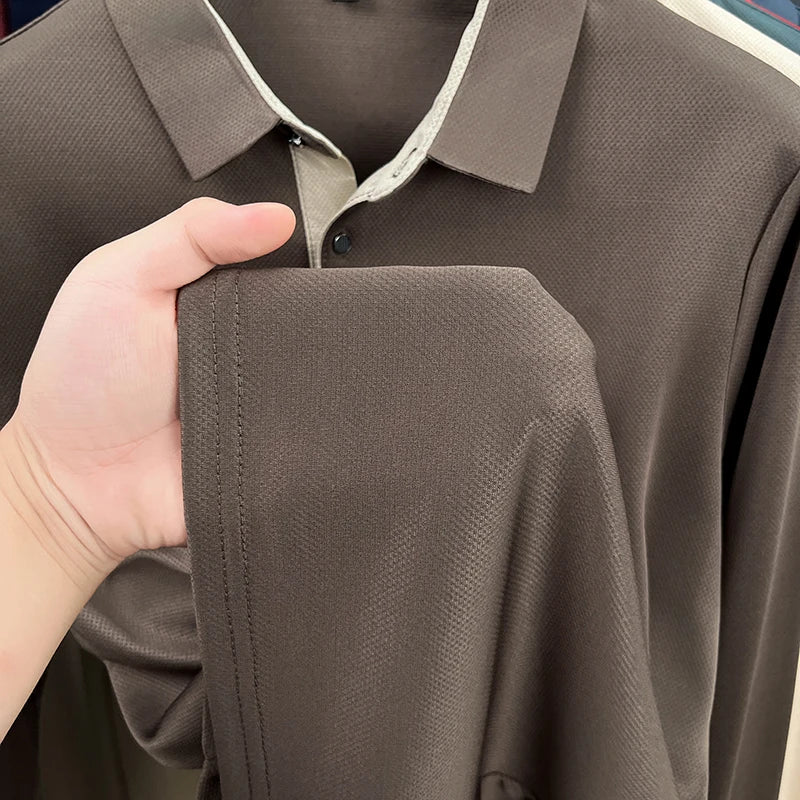Men's High End Brand Print Solid Color Lapel Polo Shirt Autumn New Skin Friendly Long Sleeved T-shirt Fashion Versatile Menswear