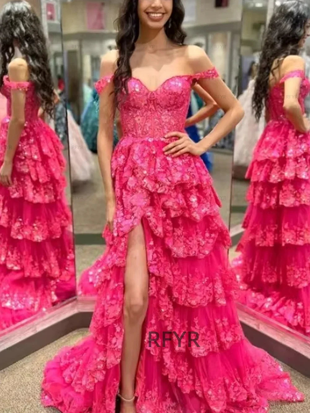 Purple Evening Gown Beach Sequin Tiered Prom Dress Spaghetti Strap Pleats Appliques Evening Dress with Side Slit Customized