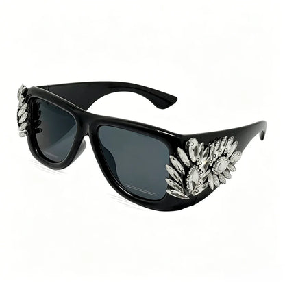 Women Oversized Square Cat Eye Sunglasses Luxury Rhinestone Floral Side Decor UV400 Thick Frame Shades for Party Nightclub