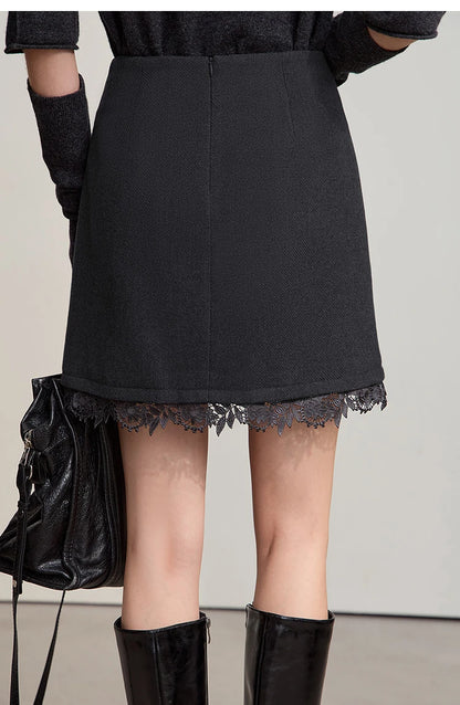 Minimalist Mini Skirt 2025 Winter New Short Wool Warm Skirts For Women Patchwork Lace Casual Solid Clothing Ladies 12544125