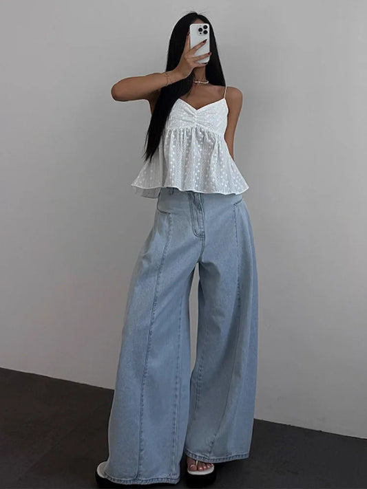 High Waist Wide Leg Denim Jeans Women Summer New Hong Kong Style Loose Lazy Big Bell Long Pants Commute Style Other Other